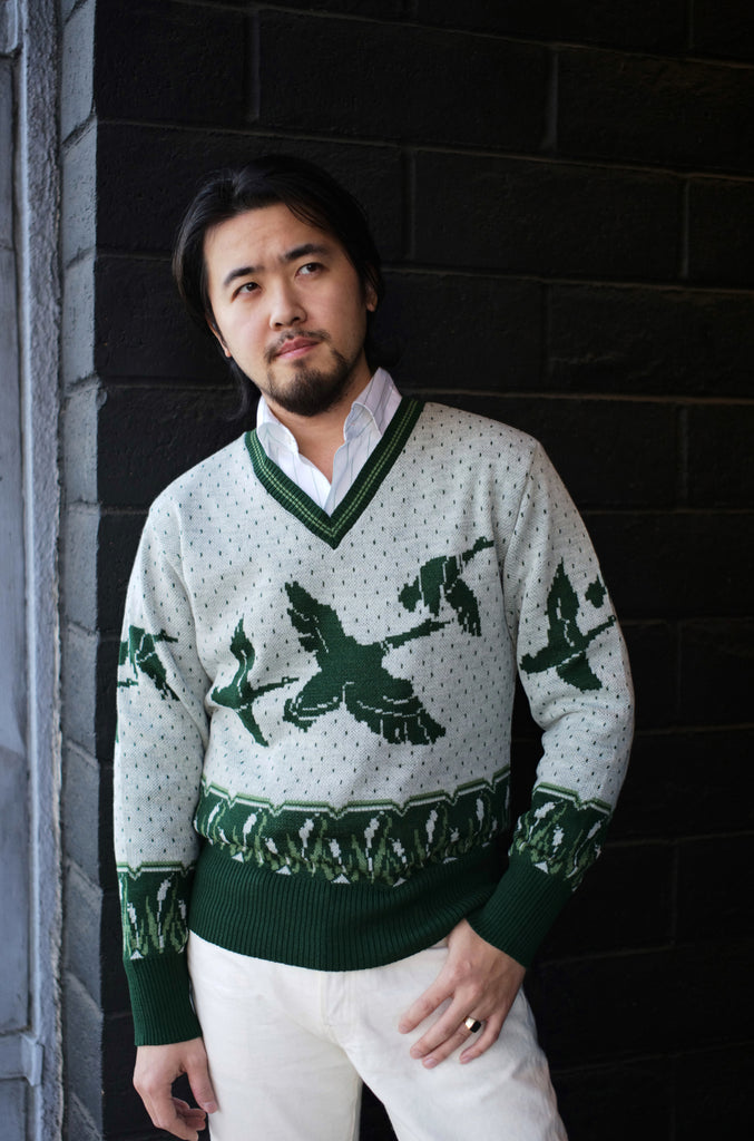 Groovin High 1950s Vintage Style Mallard Duck Wool Sweater (Green)
