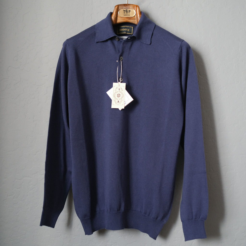 Brogue Cotton Long Sleeve Polo (Royal Blue)