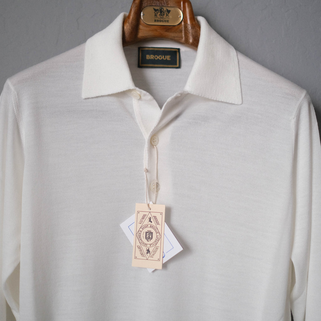 Brogue Superfine Merino Wool Long Sleeve Polo (Ice White)