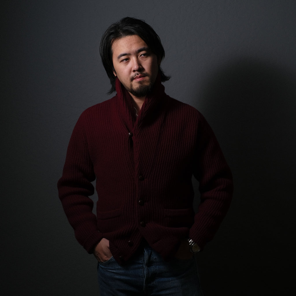 Brogue Lambswool Shawl Collar Cardigan (Burgundy)